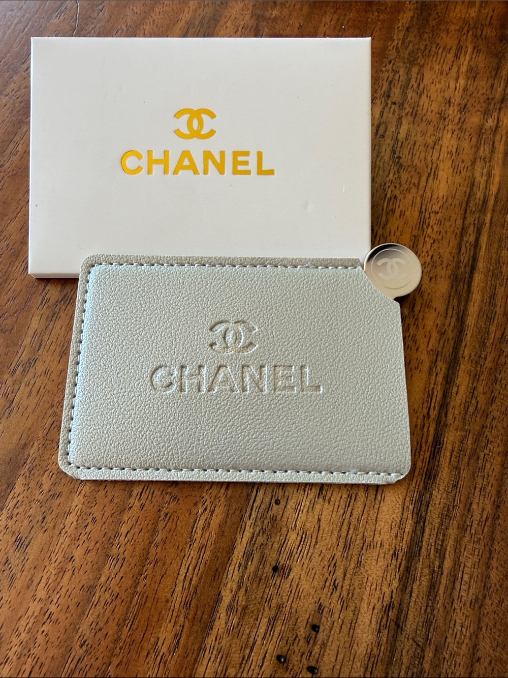 ChaneI Mirror with Silver Case Holder and Embossed Logo